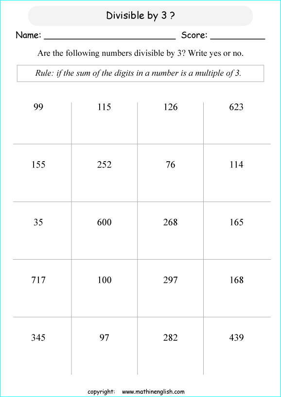 Are these numbers divisible by 3 grade 5 or 6 math divisibility