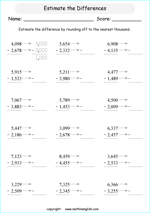 printable math estimation of differences worksheets for kids in primary and elementary math class 