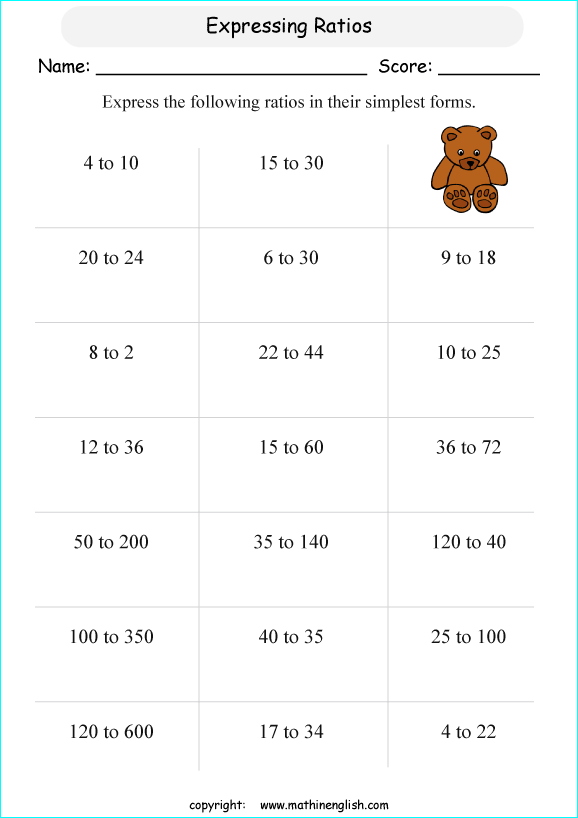 fiding ratios math worksheets for grade 1 to 6 