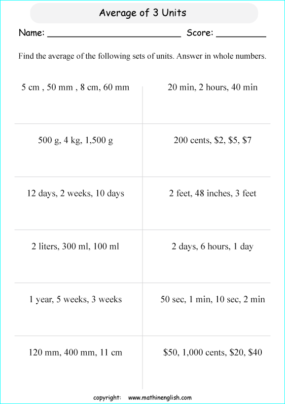 average of practical units calculations worksheets for grade 1 to 6 