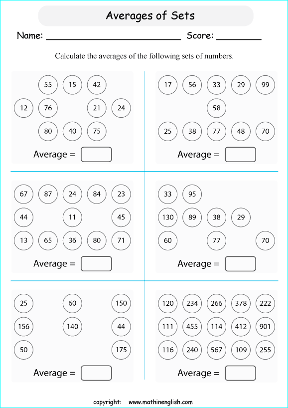 average calculations worksheets for grade 1 to 6 