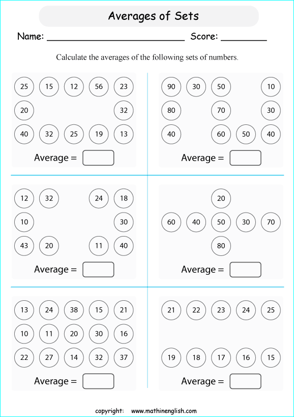 average calculations worksheets for grade 1 to 6 