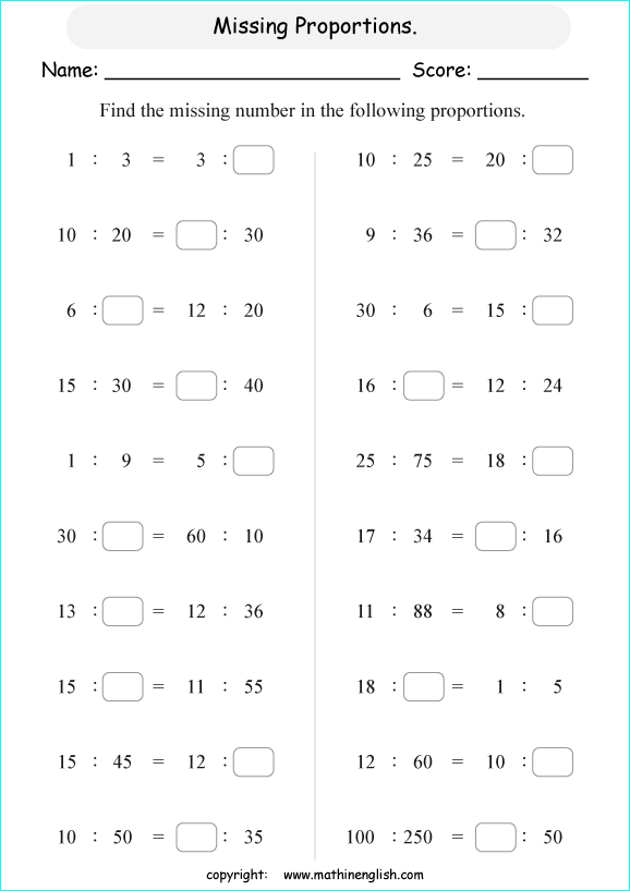 calculating proportions math worksheets for grade 1 to 6 