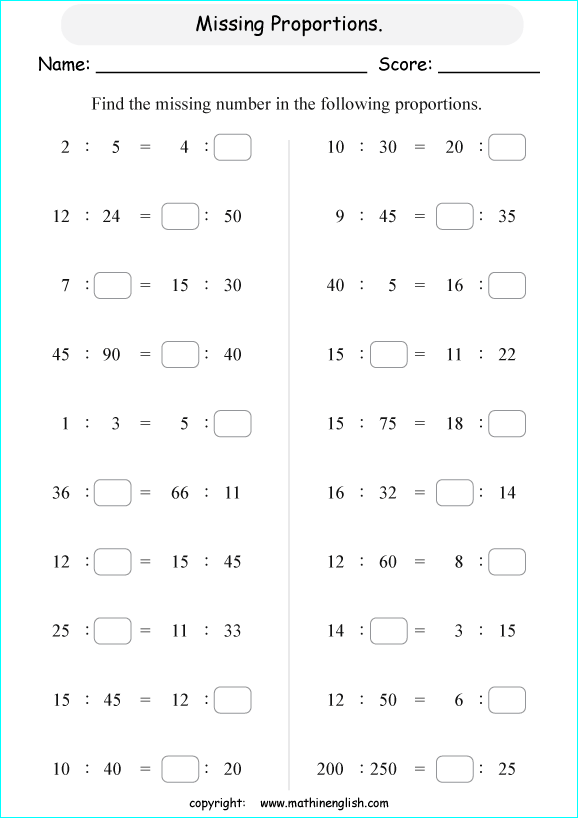 calculating proportions math worksheets for grade 1 to 6 