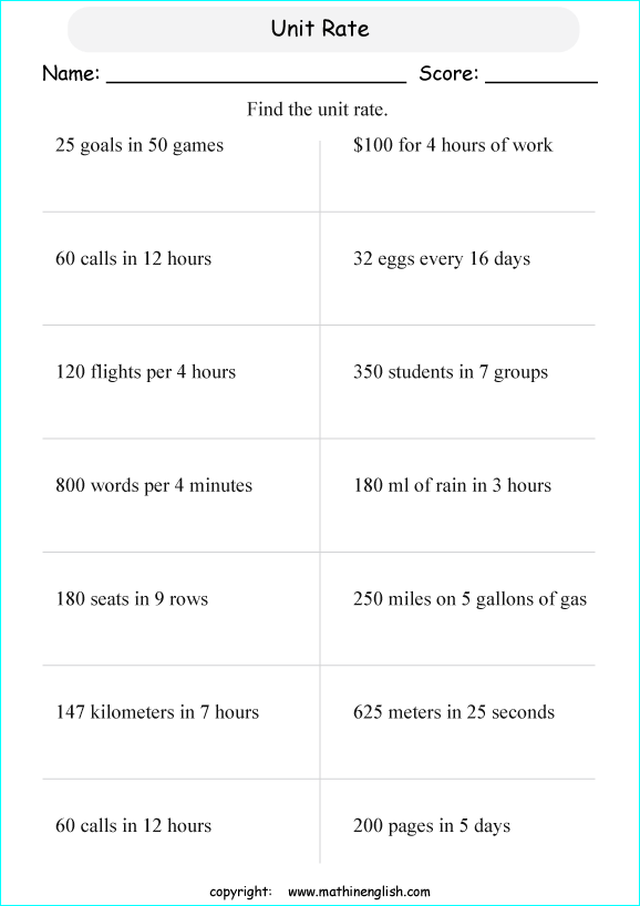 unit rates proportions math worksheets for grade 1 to 6 