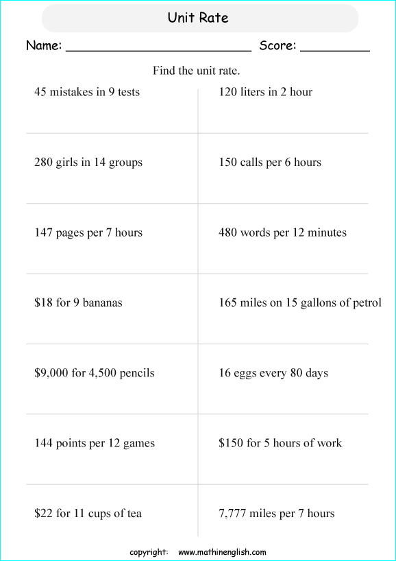 unit rates proportions math worksheets for grade 1 to 6 