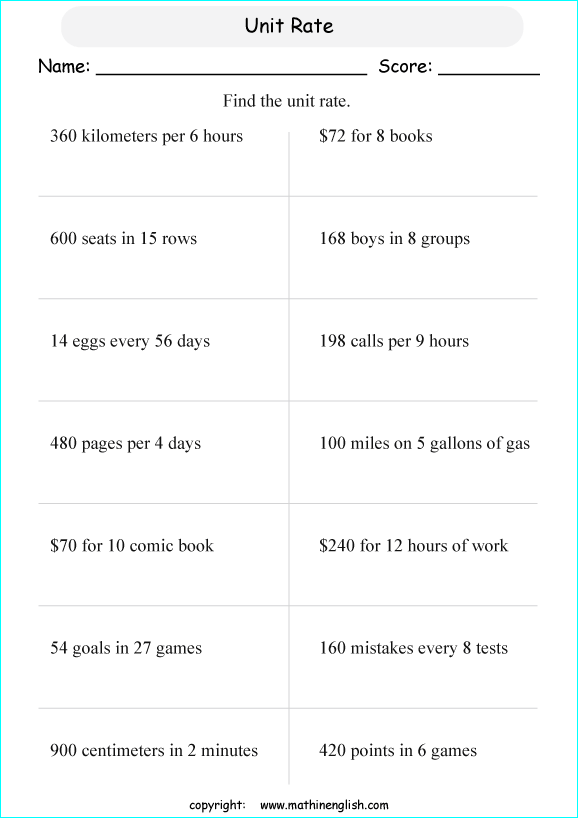 unit rates proportions math worksheets for grade 1 to 6 