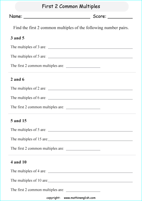 least common multiple LCM math worksheets for grade 1 to 6 