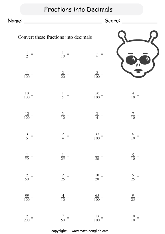 printable fraction conversion in decimals worksheets for kids in primary and elementary math class 