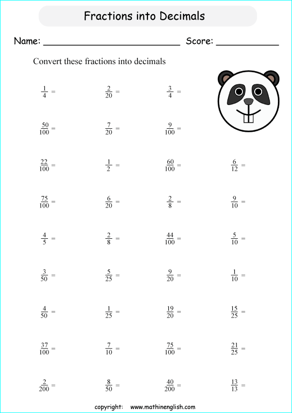 decimal into fractions worksheets for grade 1 to 6 