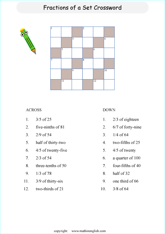 printable fractioncrossword puzzle  worksheets for kids in primary and elementary math class 