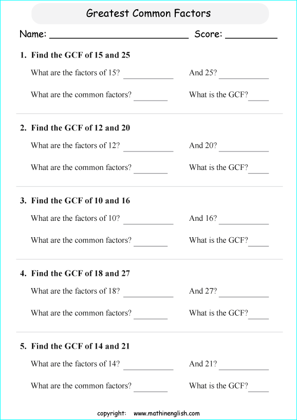 greatest common factor math worksheets for grade 1 to 6 