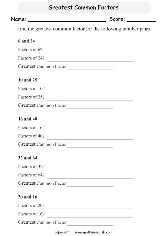 greatest common factor math worksheets for grade 1 to 6 