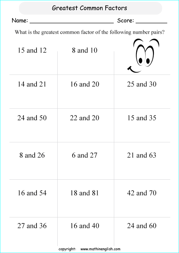 Greatest Common Factor 4th Grade Worksheets