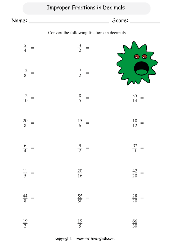 printable fraction conversion in decimals worksheets for kids in primary and elementary math class 