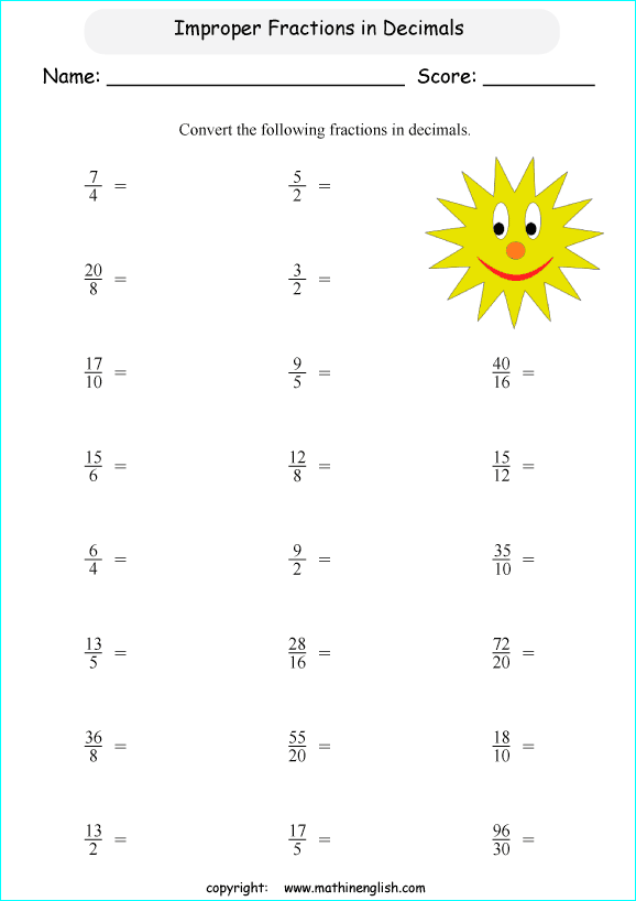 printable fraction conversion in decimals worksheets for kids in primary and elementary math class 