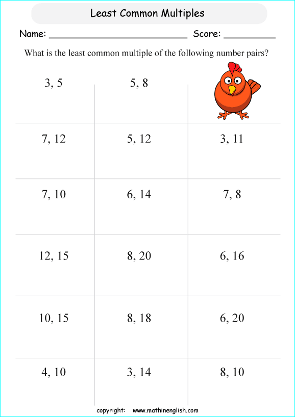 least common multiple LCM math worksheets for grade 1 to 6 