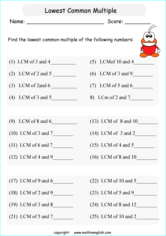 least common multiple LCM math worksheets for grade 1 to 6 