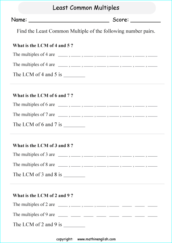 least common multiple LCM math worksheets for grade 1 to 6 