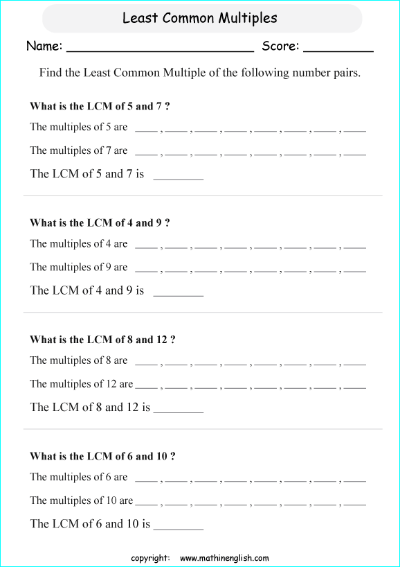 least common multiple LCM math worksheets for grade 1 to 6 