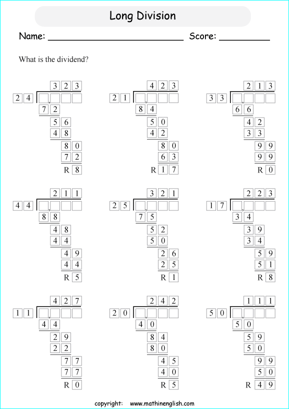 printable multiples big number long division worksheets for kids in primary and elementary math class 