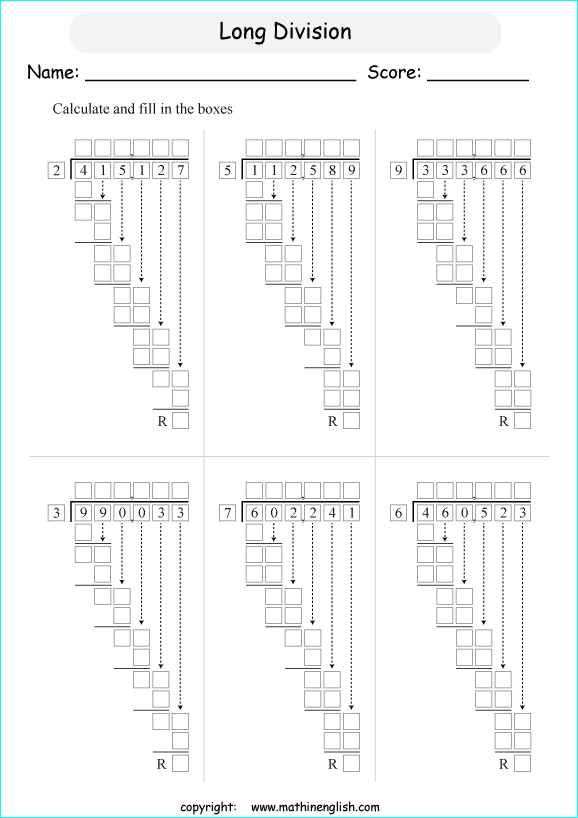 printable multiples big number long division worksheets for kids in primary and elementary math class 