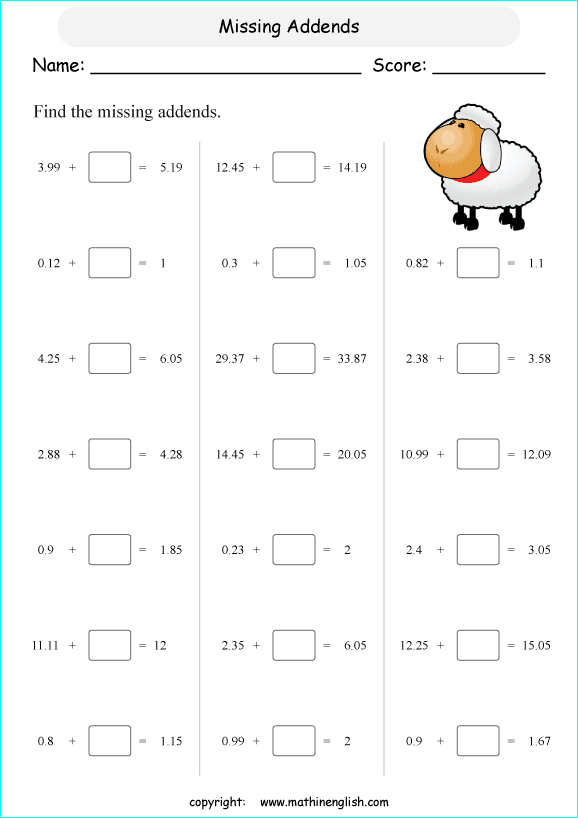 printable adding decimals worksheets for kids in primary and elementary math class 