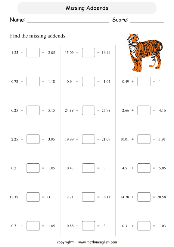 printable math addition of decimals  worksheets