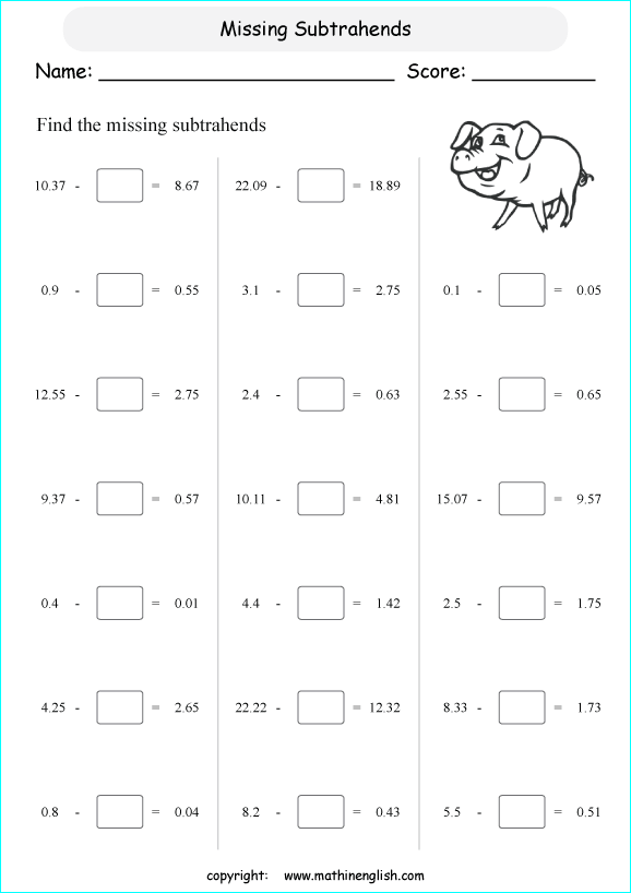 printable subtracting decimals worksheets for kids in primary and elementary math class 