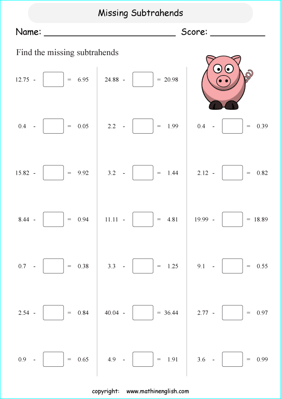 printable subtracting decimals worksheets for kids in primary and elementary math class 