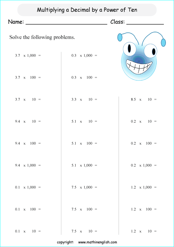 multiplying decimals grade 1 to 6 printable  worksheets 