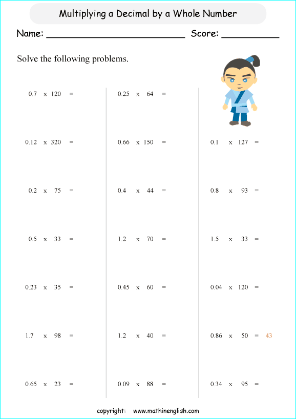 multiplying decimals grade 1 to 6 printable  worksheets 