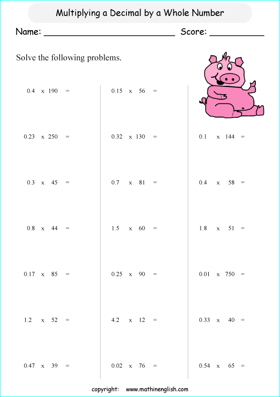 multiplying decimals grade 1 to 6 printable  worksheets 