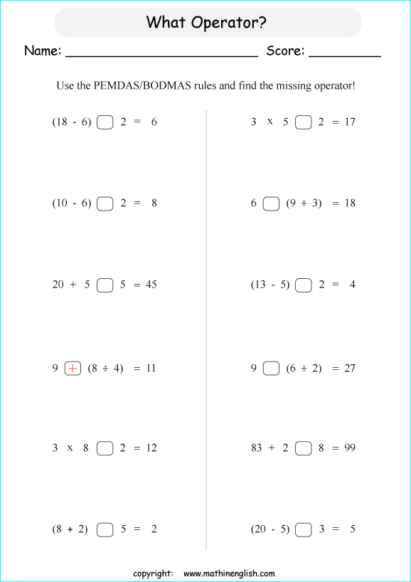 order of operations with positve integers and parentheses worksheets for grade 1 to 6 