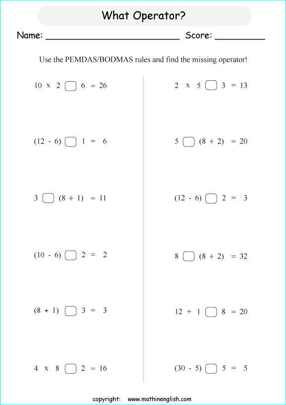 order of operations with positve integers and parentheses worksheets for grade 1 to 6 