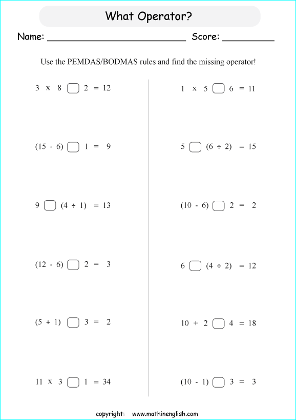 order of operations with positve integers and parentheses worksheets for grade 1 to 6 