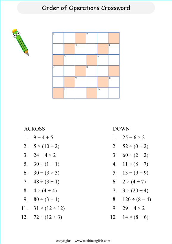 order of operations BODMAS crossword worksheets for grade 1 to 6 