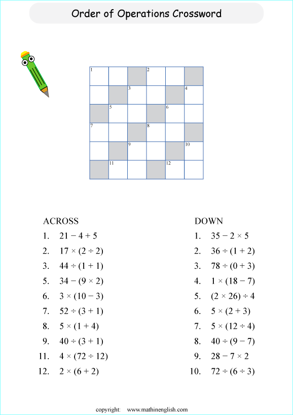 order of operations BODMAS crossword worksheets for grade 1 to 6 