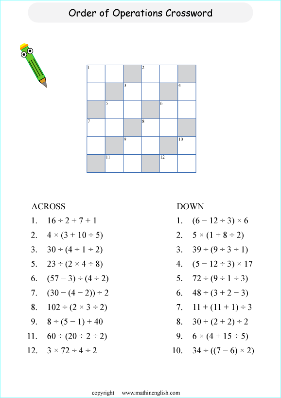 order of operations BODMAS crossword worksheets for grade 1 to 6 