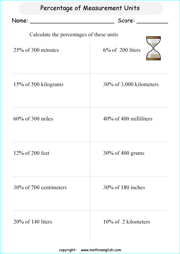 caculate percentage whole numbers math worksheets for grade 1 to 6 