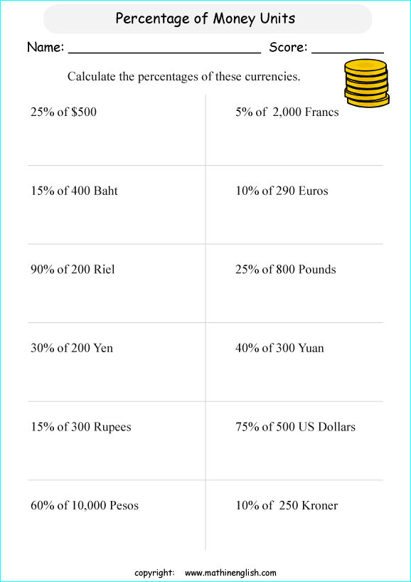 caculate percentage whole numbers math worksheets for grade 1 to 6 