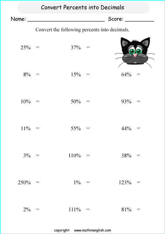 percentage decimals conversion math worksheets for grade 1 to 6 