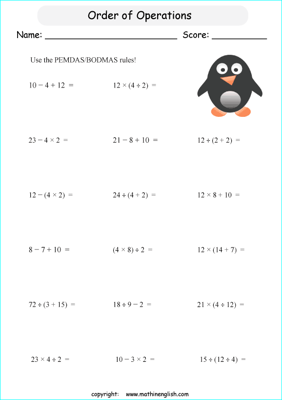 order of operations with positve integers and parentheses worksheets for grade 1 to 6 