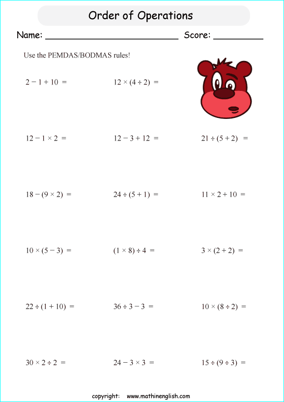 order of operations with positve integers and parentheses worksheets for grade 1 to 6 