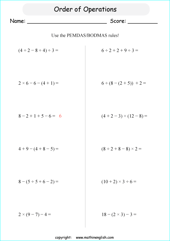 order of operations with positve integers and parentheses worksheets for grade 1 to 6 