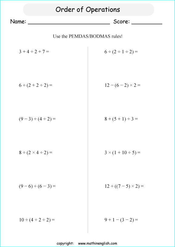 order of operations with positve integers and parentheses worksheets for grade 1 to 6 