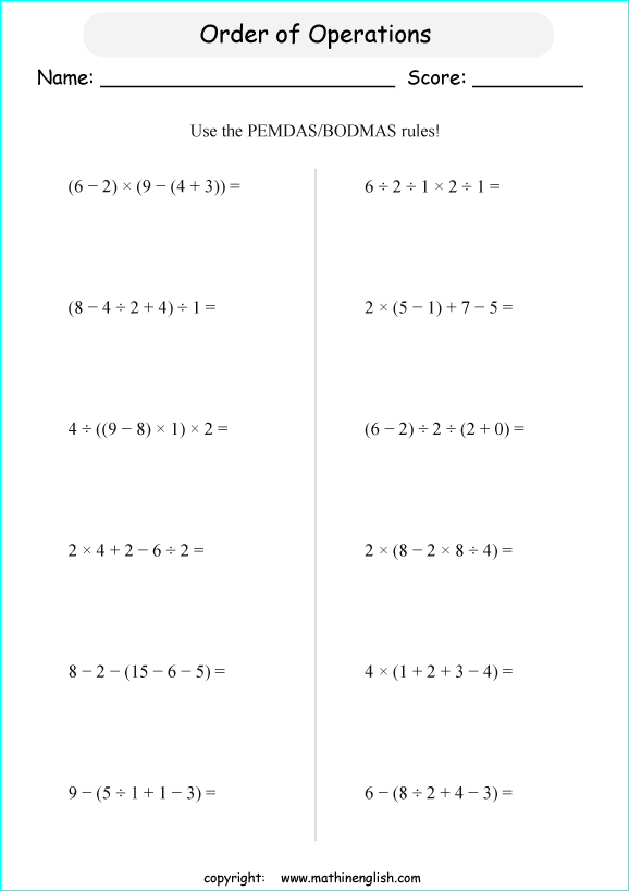 order of operations with positve integers and parentheses worksheets for grade 1 to 6 