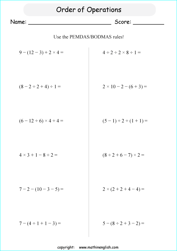 order of operations with positve integers and parentheses worksheets for grade 1 to 6 