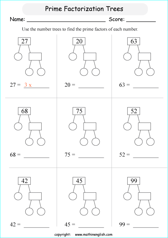 prime factorization worksheets for grade 1 to 6 