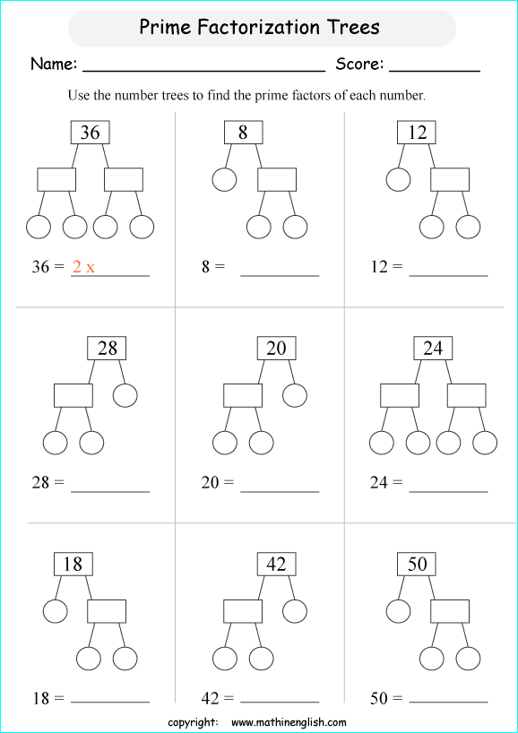 prime factorization worksheets for grade 1 to 6 